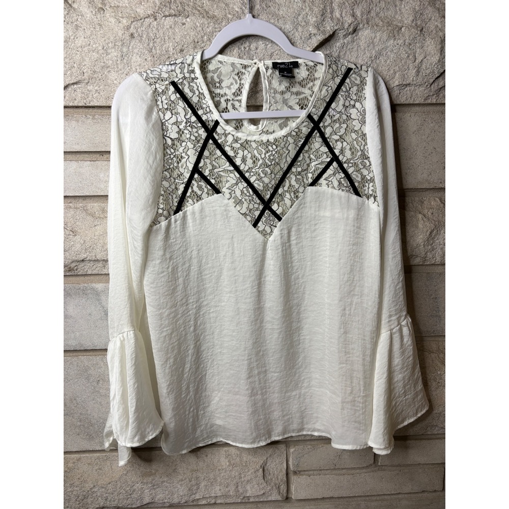 rue21 Womens Ivory Lace Yoke Bell Sleeve Blouse Black Velvet Trim Medium